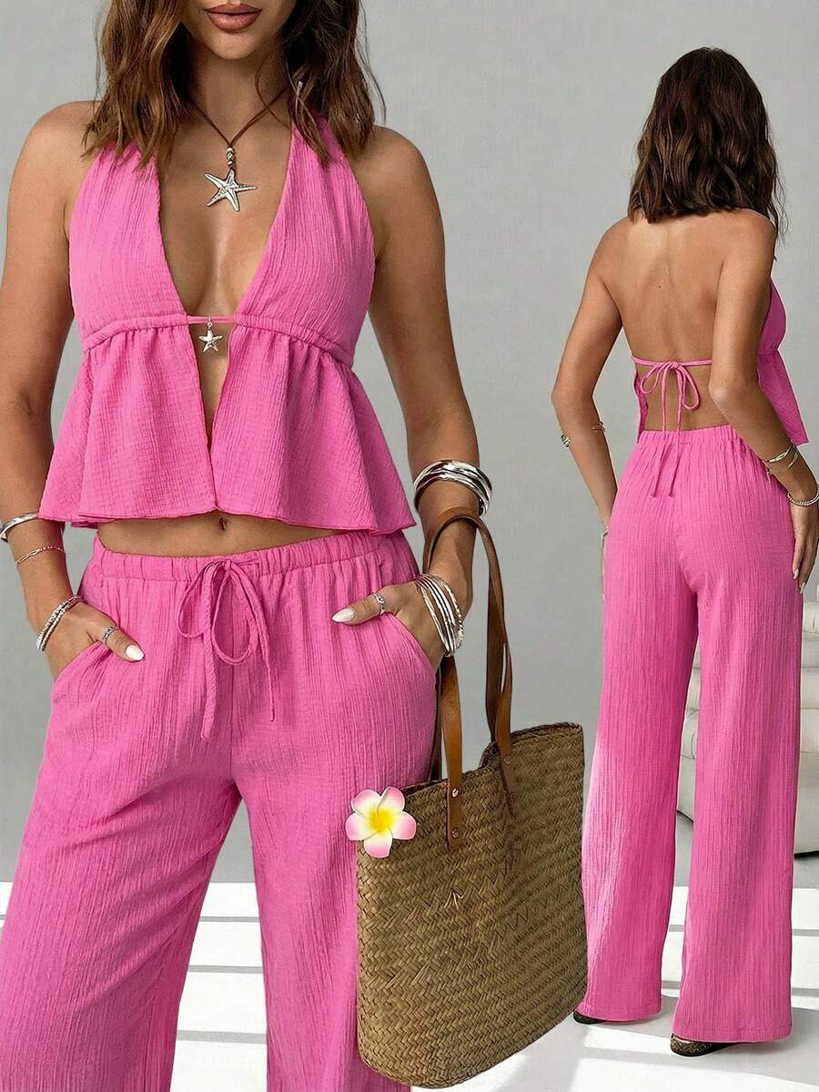 SHEIN EZwear 女士性感露背系带吊带背心和阔腿裤套装，夏季海滩度假风 - 玫紅色 - 查看 1
