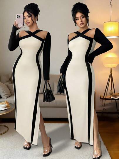 Elenzga 大码女式法式休闲优雅露肩长袖连衣裙