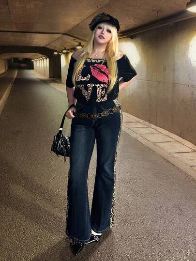 Grunge Punk Camiseta de mujer de talla grande con estampado de labios de leopardo y contraste de color en los hombros caídos, estilo Y2K