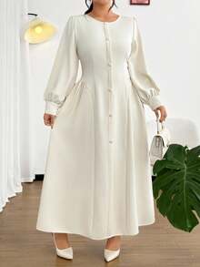 SHEIN Clasi Đầm dài tay cổ tròn ve giả thời trang mới tối giản cho nữ, thanh lịch - Màu be - Xem 1