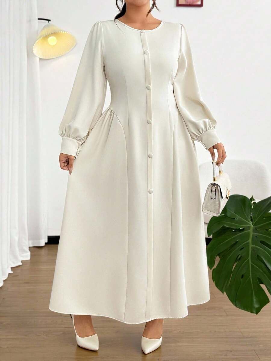 SHEIN Clasi Đầm dài tay cổ tròn ve giả thời trang mới tối giản cho nữ, thanh lịch - Màu be - Xem 1