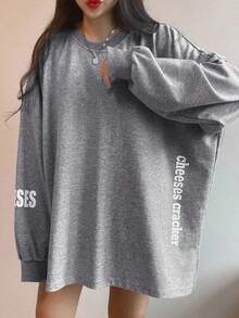 DAZY 女士标语印花圆领长袖T恤，适合春季穿着。“切·格瓦拉是你想要的生活的隐喻”，秋季服装图案T恤 - 灰色 - 查看 4