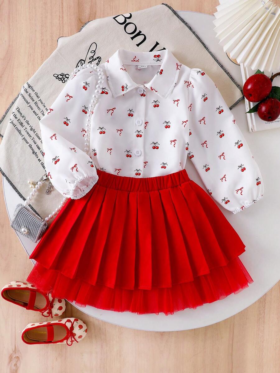 Young Girl Casual Cherry Bow Print Collared Shirt With Pleated Mesh Skirt, Elegant High-End Vacation Outfit For Autumn - Red - View 1