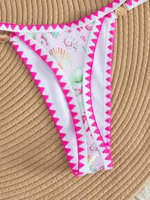 Swim Mod 2pcs/Set Ocean Texture Fabric Wireless Lace-Up Cute Deep V Shell Crochet Thong Bikini Swimsuit, Spring/Summer Beach Holiday - Multicolor - View 5