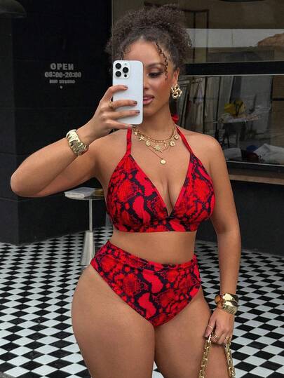 Slaydiva Plus Size Women 2pcs Floral Print Halter Backless Triangle Bikini Swimsuit, Vacation