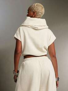 Denimoi 高领连帽多功能毛圈布卫衣上衣 时尚街头风连帽衫 - 米色 - 查看 5