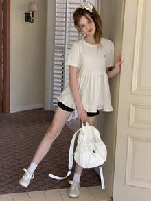 DAZY Teen Girls' Round Neck Short Sleeve Heart Pattern Pleated Casual Summer T-Shirt