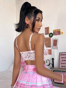 Eraneu 1pc Women's Lace Patchwork Wireless Bra, Valentine's Day - Pink - View 2