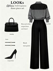 SHEIN Clasi Bộ đồ 2 món cỡ lớn: Áo sơ mi kẻ sọc phối màu thường ngày + Quần dài đơn giản. - Đen và trắng - Xem 2
