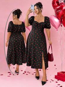 Elenzga Plus Size Sweetheart Neck Multicolor Strawberry Print Long A Line Dress Featuring Puff Short Sleeves And Flared Hem - Multicolor - View 1