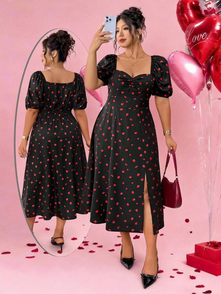 Elenzga Plus Size Sweetheart Neck Multicolor Strawberry Print Long A Line Dress Featuring Puff Short Sleeves And Flared Hem - Multicolor - View 1