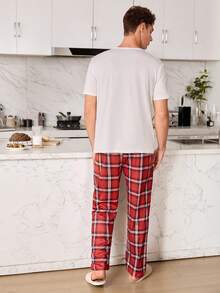 CoupledUp Plaid Print & Solid Color Short Sleeve Pajama Set For Men Plaid Pajamas Men - Multicolor - View 6