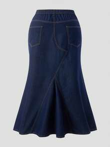 SHEIN MOD Falda de mezclilla de lavado oscuro con diseño de cola de sirena, cintura elástica y bajo acampanado de largo midi para mujer - Azul lavado oscuro - Ver 2