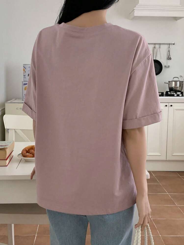 Women's Loose Casual Vacation Letter Print Faux Two-Piece Round Neck T-Shirt, Spring/Summer Graphic Tees Women