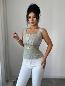 Elenzga 女士优雅法式通勤风百搭方领立体刺绣花卉无袖收腰修身绿色珍珠纽扣吊带背心，适合夏季穿着 - 綠色 - 查看 3