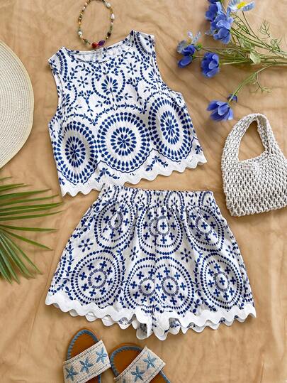 Soleia Conjunto de 2 piezas de top de tirantes estampado y shorts casuales para mujer, de verano