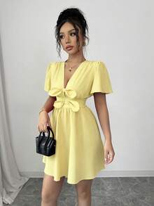 Elenzga Đầm ngắn cổ chữ V thanh lịch dành cho nữ, điểm nhấn là nơ. - Màu vàng - Xem 6