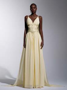 Elitara Elegant & Luxurious Light Yellow Beaded Embroidery Chiffon Dress, Adjustable Spaghetti Straps With Flared Hem, Formal Evening Gown - Light Yellow - View 6