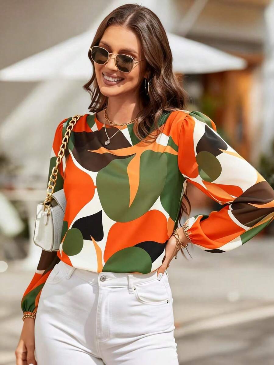 EMERY ROSE Blus Lengan Lentera Motif Acak Elegan Warna Oranye Terbakar, Atasan Chiffon Leher Bulat untuk Wanita, Blus Tunik Lengan Bishop untuk Musim Semi dan Musim Panas untuk Kerja dan Perjalanan - MultiWarna - View 1