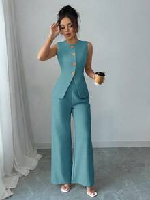 Selianne Women's Elegant Floral Button Decorated Casual/Commute Suit - Green - View 5