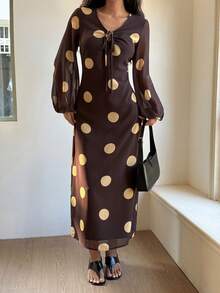 Livesso 女士波点印花系带灯笼袖修身优雅中长连衣裙 - 棕色 - 查看 2