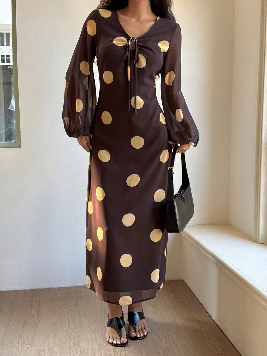 Livesso Women's Polka Dot Print Tie Front Lantern Sleeve Fitted Elegant Mid-Length Dress - Brown - View 1