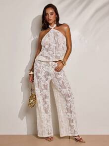 SHEIN BAE Pantalones sueltos y transparentes de verano para mujer - Albaricoque - Ver 5