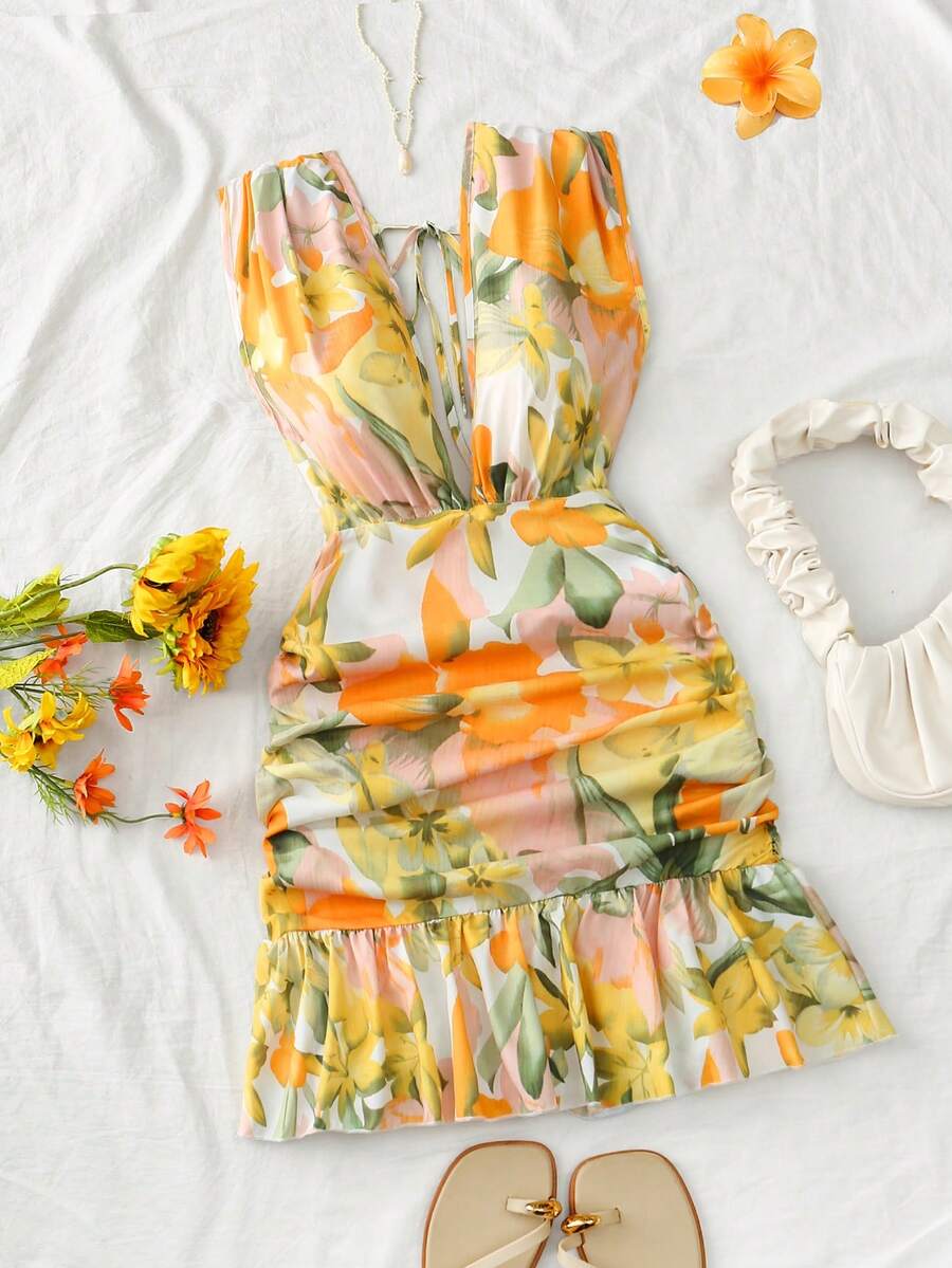 Roelina Deep V-Neck Floral Print Ruched Sleeveless Vacation Dress - Yellow - View 1