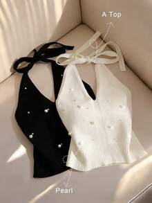 Franclia Women's Spring/Summer Simple And Stylish Solid Color Halter Neck Tie Bow Off-Shoulder Sleeveless Sexy Beaded White Slim Fit Pullover Knit Top, White Top, Women's Casual Top, Women's Vacation Outfit, Halter Neck, Tie, Cute, Vacation Classy Tops Cute Tops - White - View 1