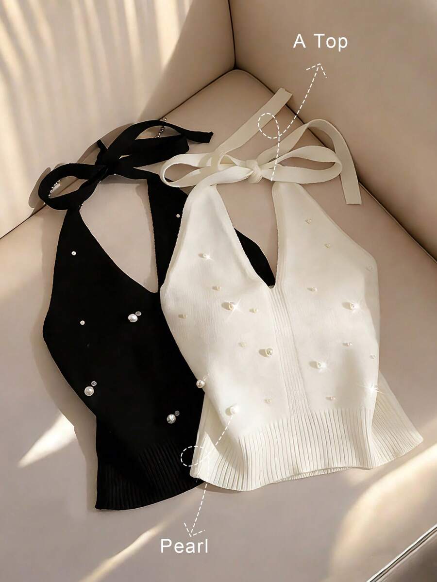 Franclia Women's Spring/Summer Simple And Stylish Solid Color Halter Neck Tie Bow Off-Shoulder Sleeveless Sexy Beaded White Slim Fit Pullover Knit Top, White Top, Women's Casual Top, Women's Vacation Outfit, Halter Neck, Tie, Cute, Vacation Classy Tops Cute Tops - White - View 1