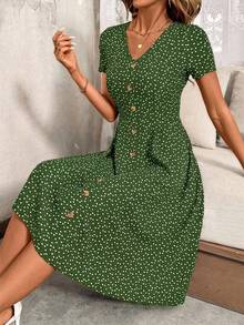 SHEIN Clasi V领纽扣红色波点收腰女式连衣裙，春季服装，情人节连衣裙 - 綠色 - 查看 3