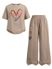 Girlism Tween Girls Casual Heart Print Short Sleeve T-Shirt Set - Multicolor - View 10