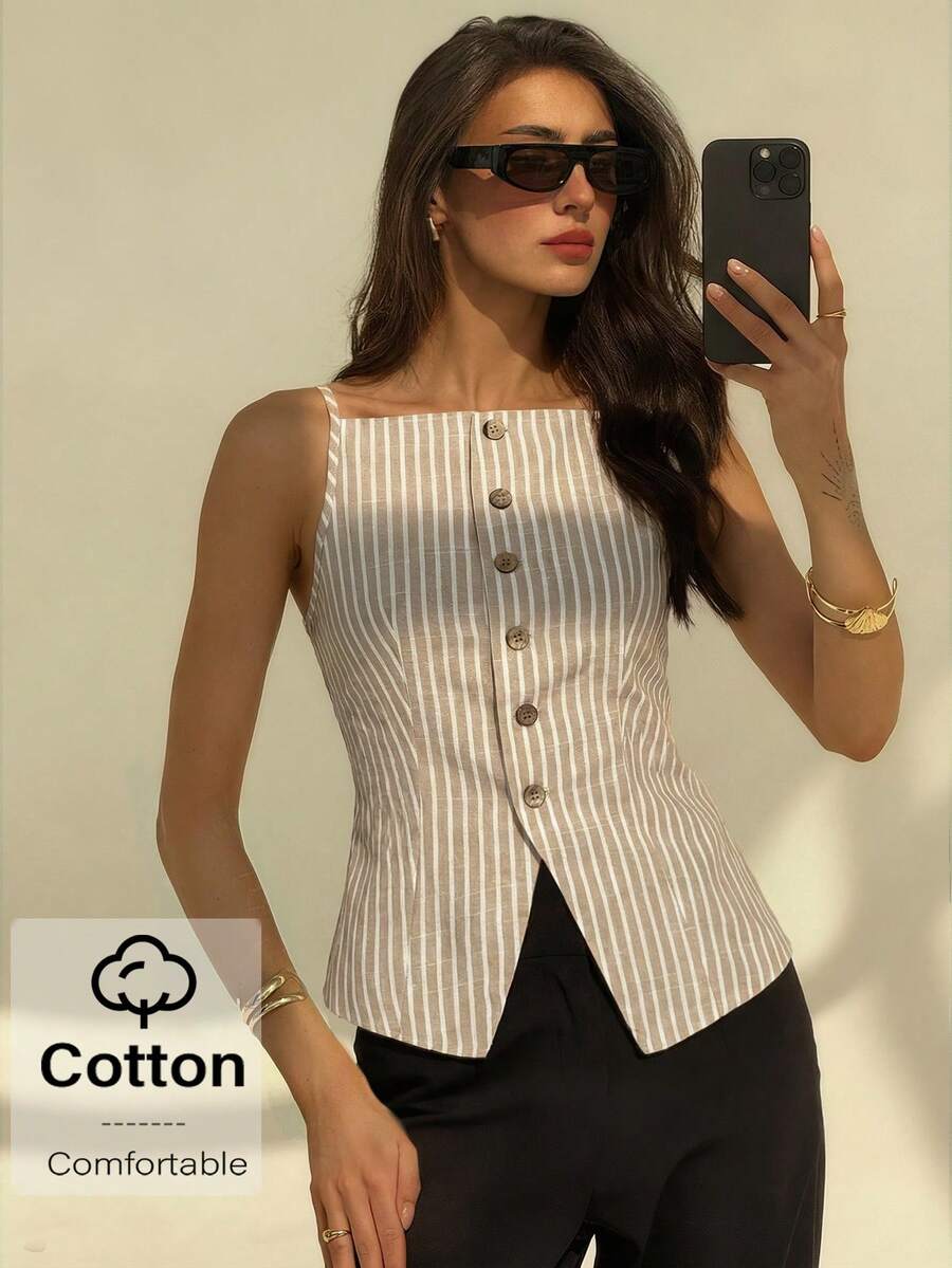 Aloruh 女士优雅露肩无袖条纹薄款西装背心