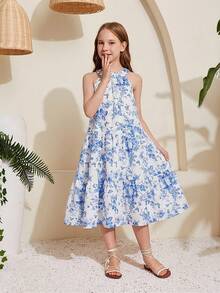 SHEIN 少女碎花无袖宽松休闲度假连衣裙 - 藍色 - 查看 3