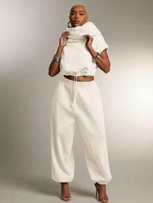 Denimoi 高领连帽多功能毛圈布卫衣上衣 时尚街头风连帽衫 - 米色 - 查看 2