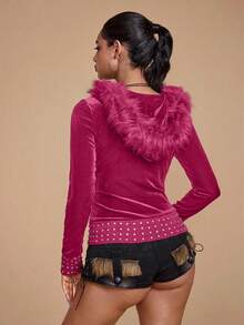 ROMWE Grunge Punk SpringValentine's DayY2K Style Velvet Zip-Up Sweatshirt With Rhinestone Decor, Fitted For Women - Pink - View 3