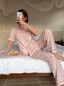 SHEIN Napfluff Bubble Wrinkle Cute Puppy Print Short Sleeve Pajama Set - Pink - View 4