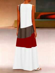 EMERY ROSE Sleeveless Printed Color Block Dress For Women, Pocket-Free, Summer Maxi Women Outfit - White - View 2