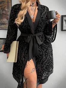 Whyspr Plus Size Women Flocked & Mesh Waist Long Sleeve Flare Cuff Maxi Cardigan Coat