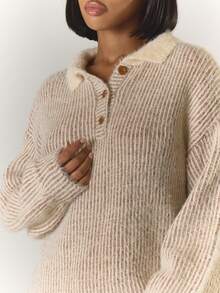 MUSERA 双色马海毛针织领超大纽扣细节套头衫，酷女孩、街头风、可爱风，适合秋冬季 - 棕色 - 查看 5