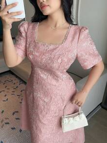 Dazy Plus Vestido de fiesta elegante de cuello cuadrado para mujer de talla grande, de manga corta, color rosa, vestido de verano de primavera/verano - Rosa - Ver 8