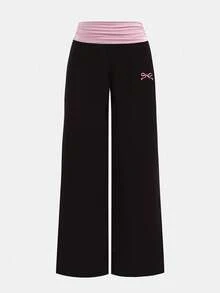 SHEIN Quần dài nữ tuổi teen phối màu đen và hồng tương phản, họa tiết bướm, thích hợp mặc hàng ngày. - màu đen - Xem 2