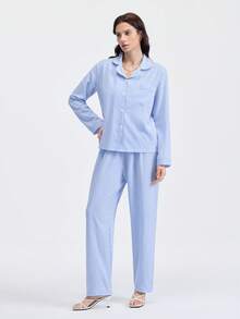 Loungeista 2pcs Women Blue & White Striped Print Pajama Set, Long Sleeve Button Collar Top And Pants, Casual Sleepwear Homewear Suit For Autumn/Winter, Fall Clothes - Blue and White - View 1