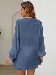 Swim Lushoire Kimono Polos Transparan, Pakaian Liburan Kasual untuk Liburan Pantai Musim Panas - Biru - View 3