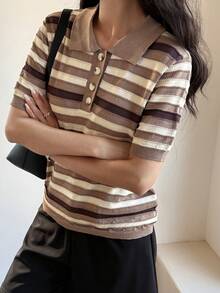 Livesso 彩色条纹撞色拼接宽松商务休闲时尚女式Polo衫套头短袖针织衫，春夏款 - 棕色 - 查看 5