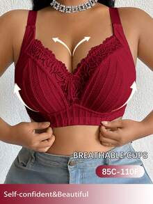 1pc Plus Size Lace Patchwork Wireless Bra - Burgundy - View 3