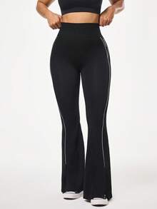 Seamluxe SHEIN Sport High Waist Seamless Stretchy Flare Leg Women Sports Pants With Contrast Trim - Black - View 5