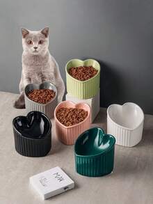 1pc Heart Shaped Ceramic Elevated Cat Bowl, Raised Tilted Cat Food Bowl Anti-Vomiting Drinking Dish Bowl For Neck Protection - 200ml - View 1