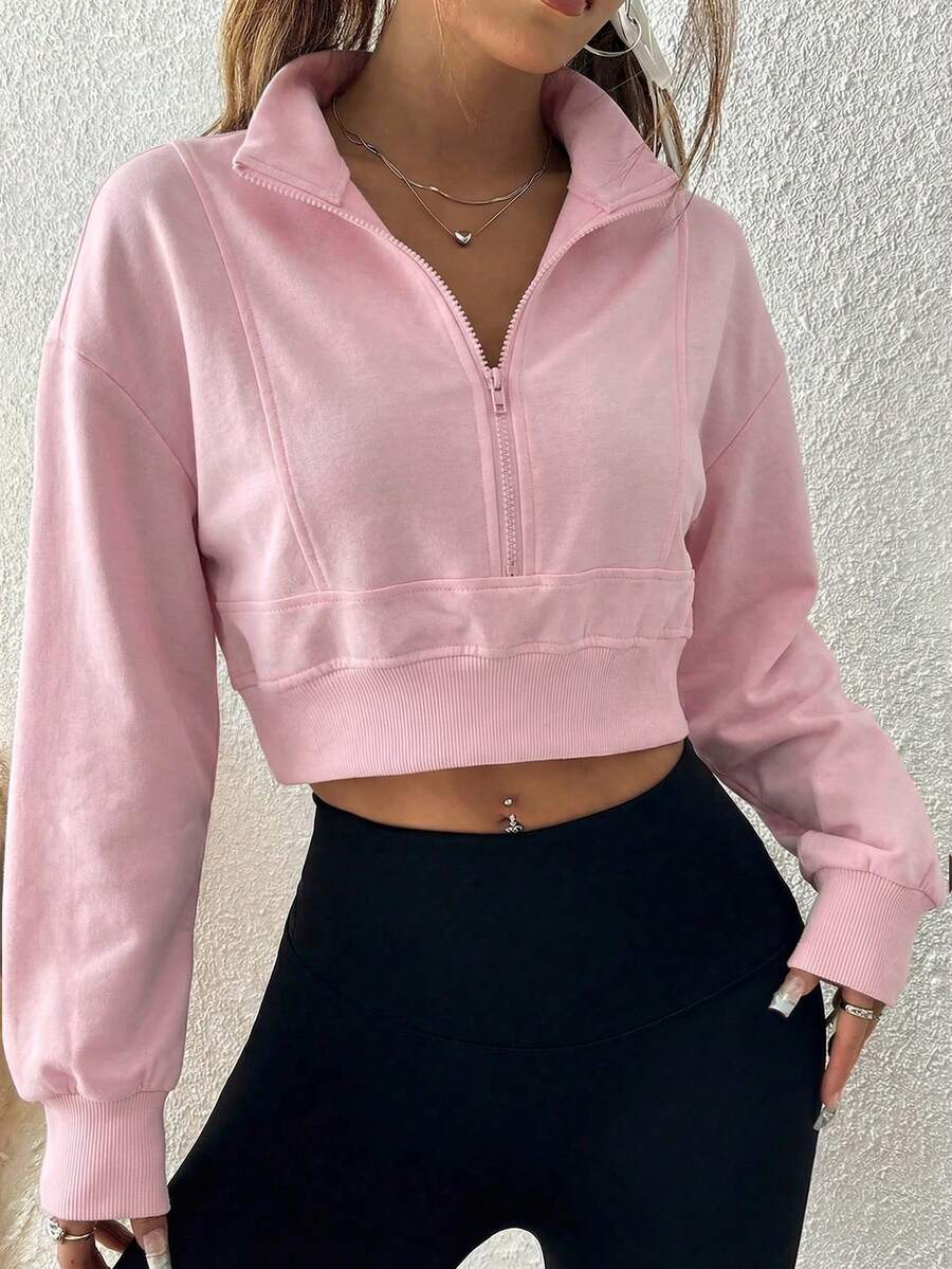 SHEIN EZwear Áo sweatshirt dài tay dáng lửng màu hồng có khóa kéo phía trước dành cho nữ, trang phục thường ngày thoải mái, áo dài tay, hoàn hảo cho mùa tốt nghiệp, mùa tựu trường, lễ tốt nghiệp, trang phục giáo viên nữ, một món đồ không thể thiếu cho mùa tựu trường xuân hè. - Hồng - Xem 1