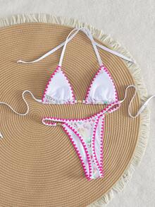 Swim Mod 2pcs/Set Ocean Texture Fabric Wireless Lace-Up Cute Deep V Shell Crochet Thong Bikini Swimsuit, Spring/Summer Beach Holiday - Multicolor - View 2